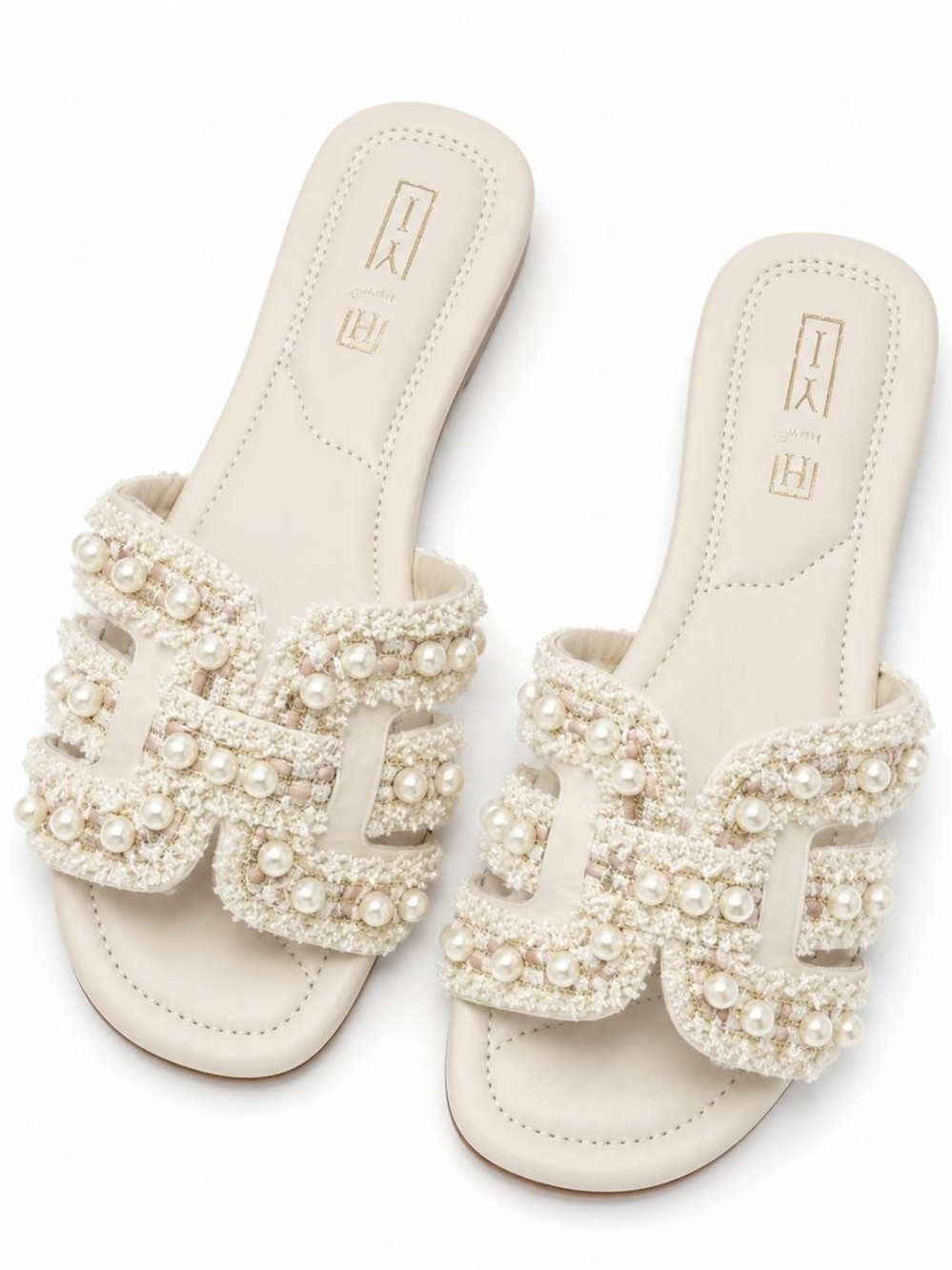 Aurelia Pearl-Embellished Cream Slide Sandals